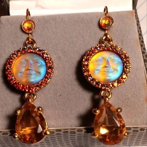 Elegant Gold and Orange Moon Face Earrings